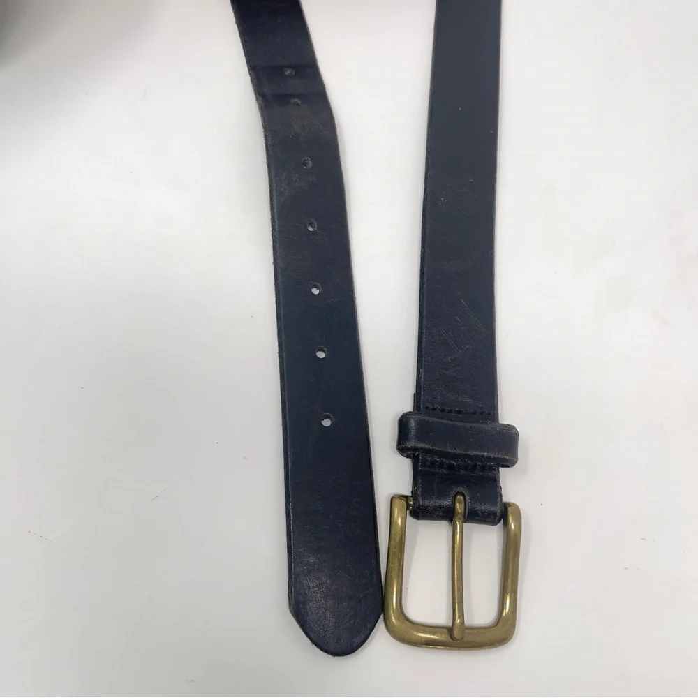 Vintage Eddie Bauer Black Thick Leather Belt, Brass Buckle Classic‎